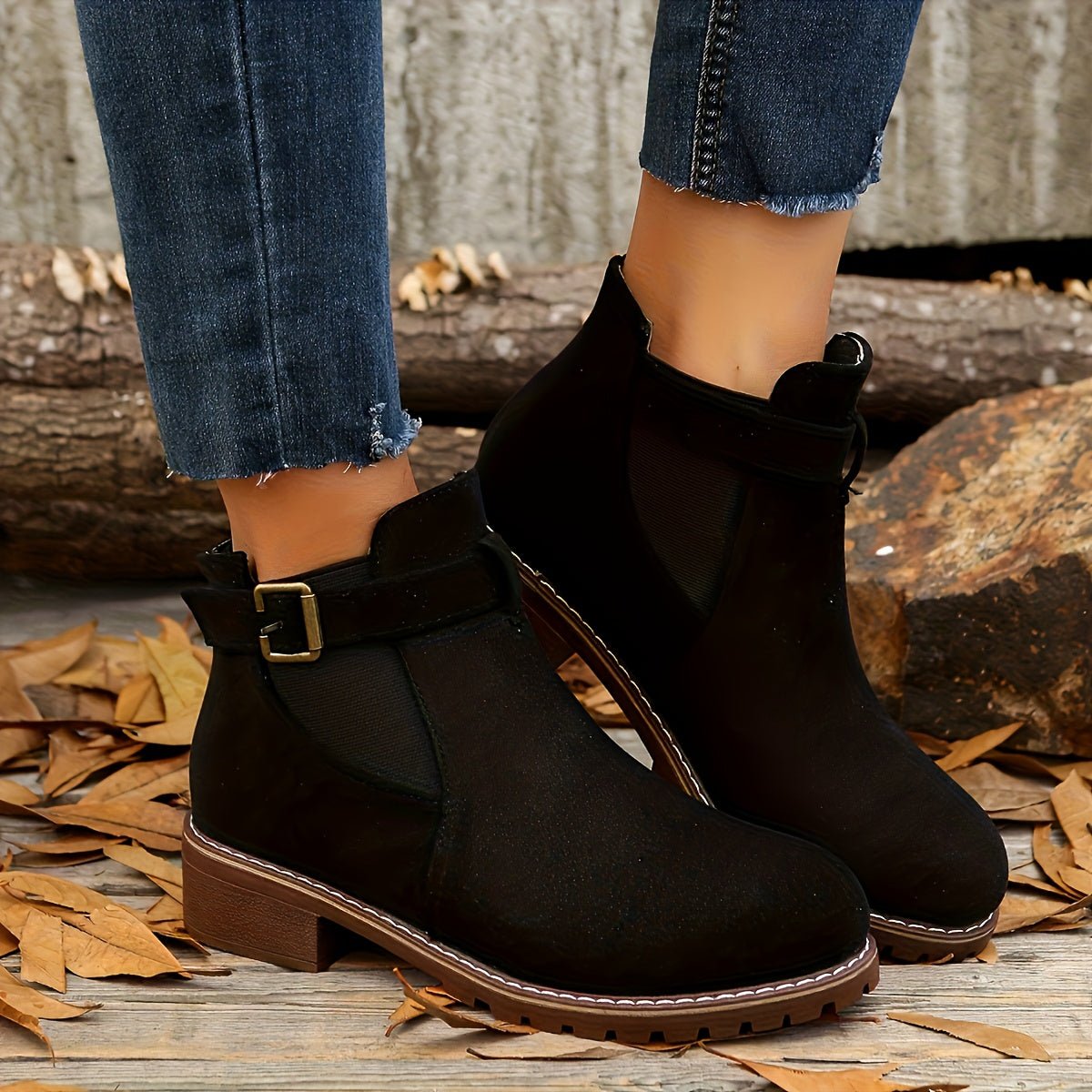 Delvorne | Women's Chelsea Ankle Boots Buckle Detail - Black - Image 3