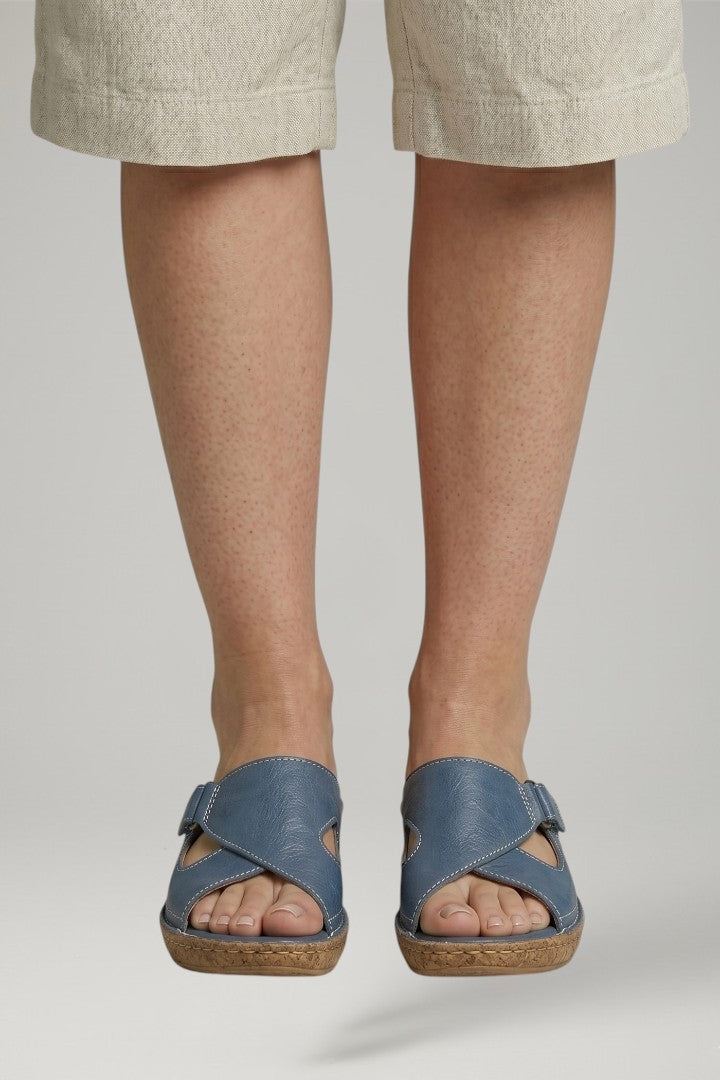 Dorvaine | Women's Leather Slide Sandals Cross Strap - Blue - Image 1