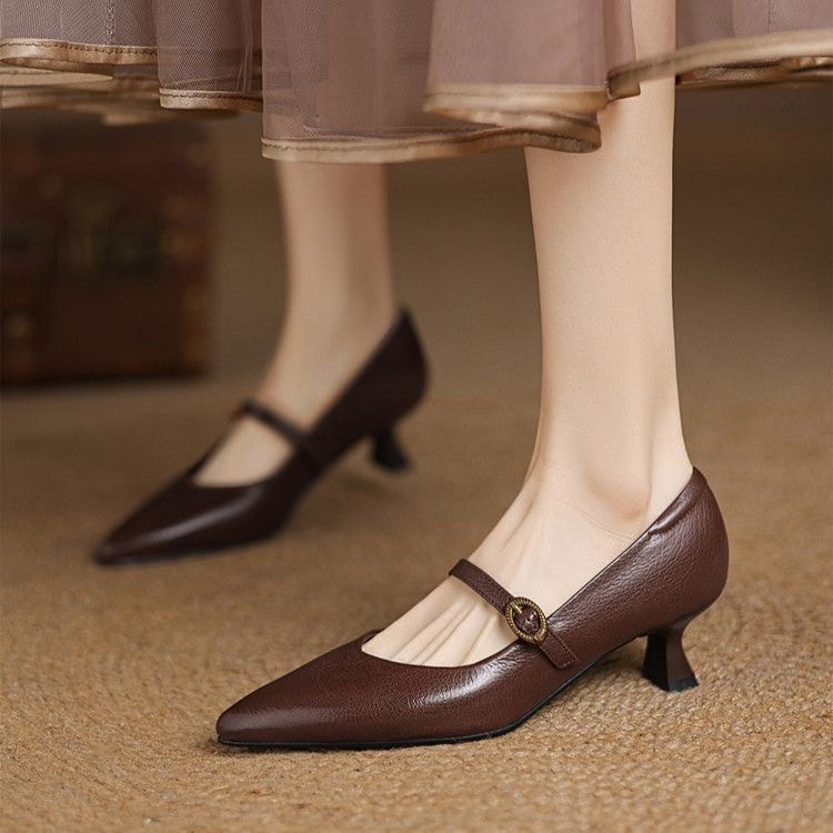 Eloria | Women's Kitten Heel Mary Jane Pointed Toe - Dark Brown - Image 1
