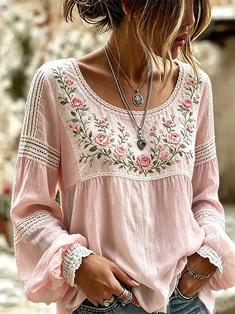 Elvarne | Women's Linen Top Embroidered Blouse - Image 2