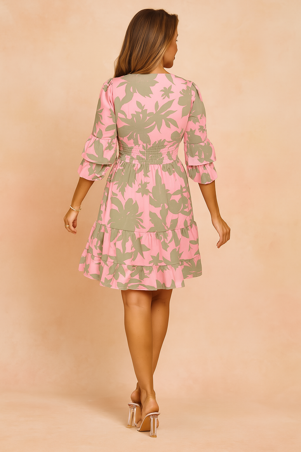 Fleurette | Women's Floral Mini Dress Smocked Waist - Pink - Image 2