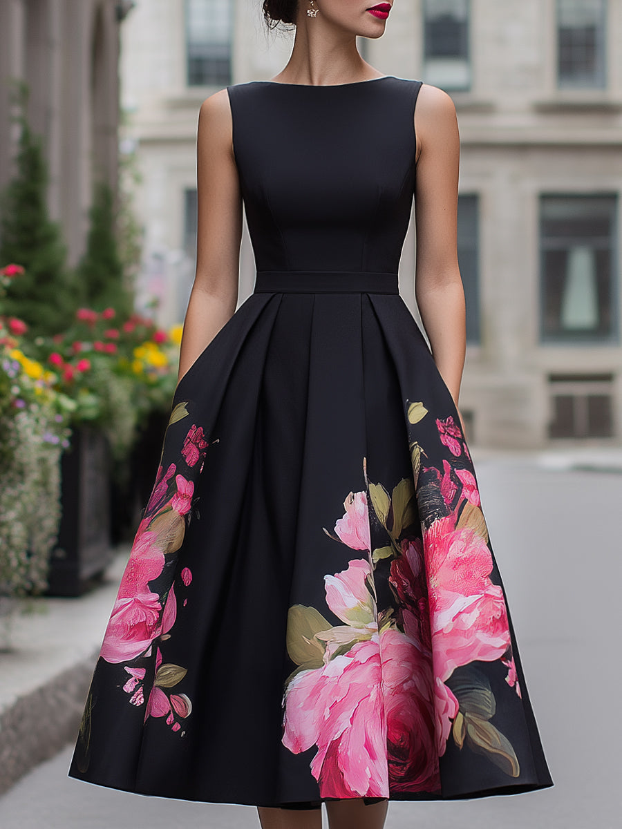 Florande | Women's Cocktail Dress Floral Midi - Black - Image 1