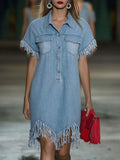 Florine | Women's Denim Mini Dress with Fringe Hem - Light Blue - Image 1