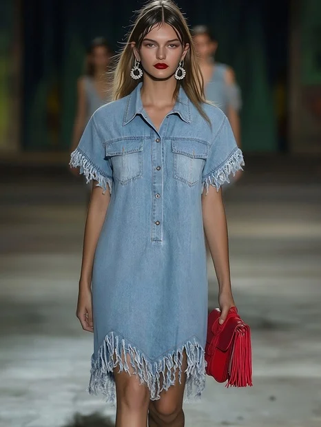 Florine | Women's Denim Mini Dress with Fringe Hem - Light Blue - Image 2