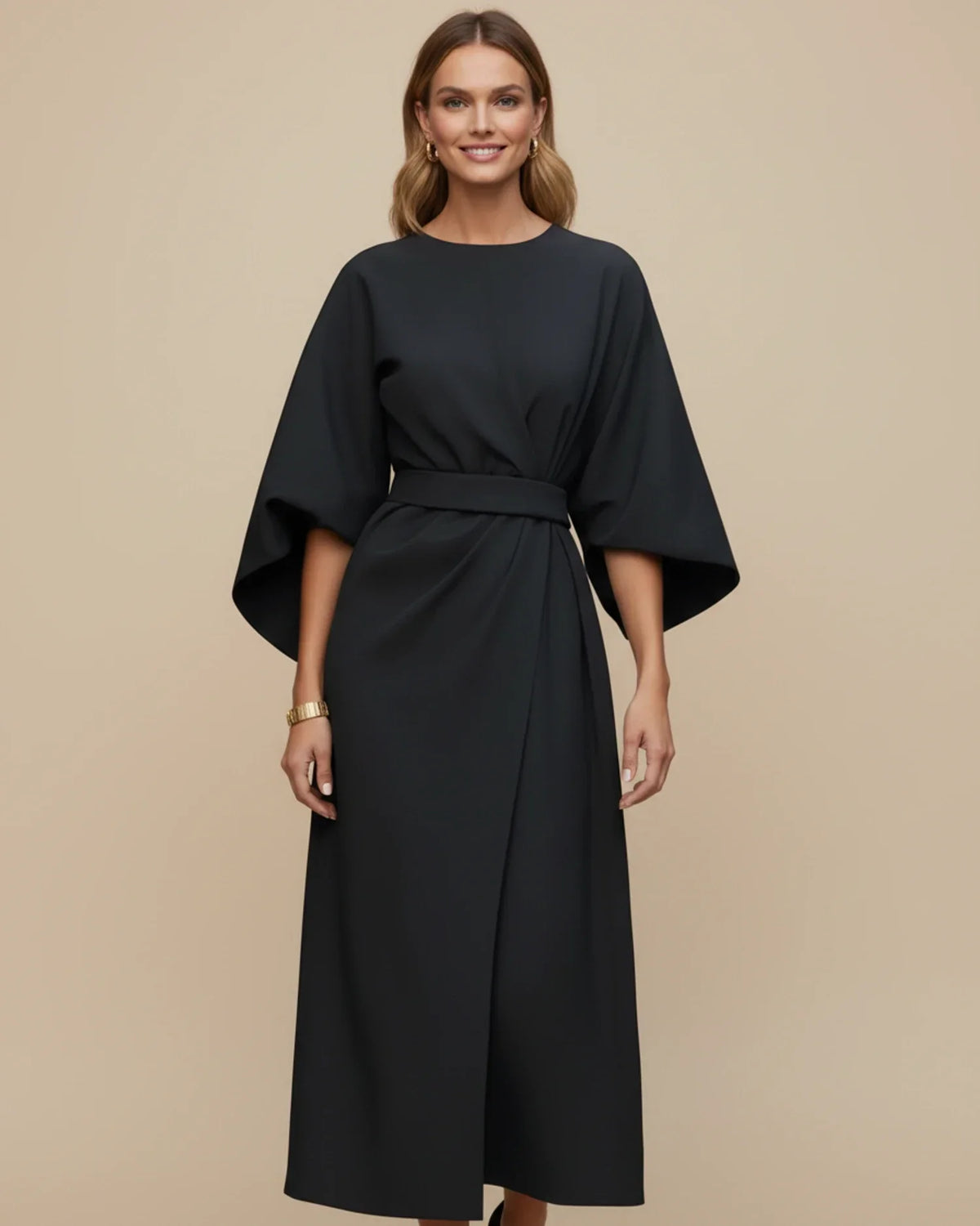 Halvaine | Women's Midi Dress Kimono Sleeve Belted Wrap - Black - Image 1