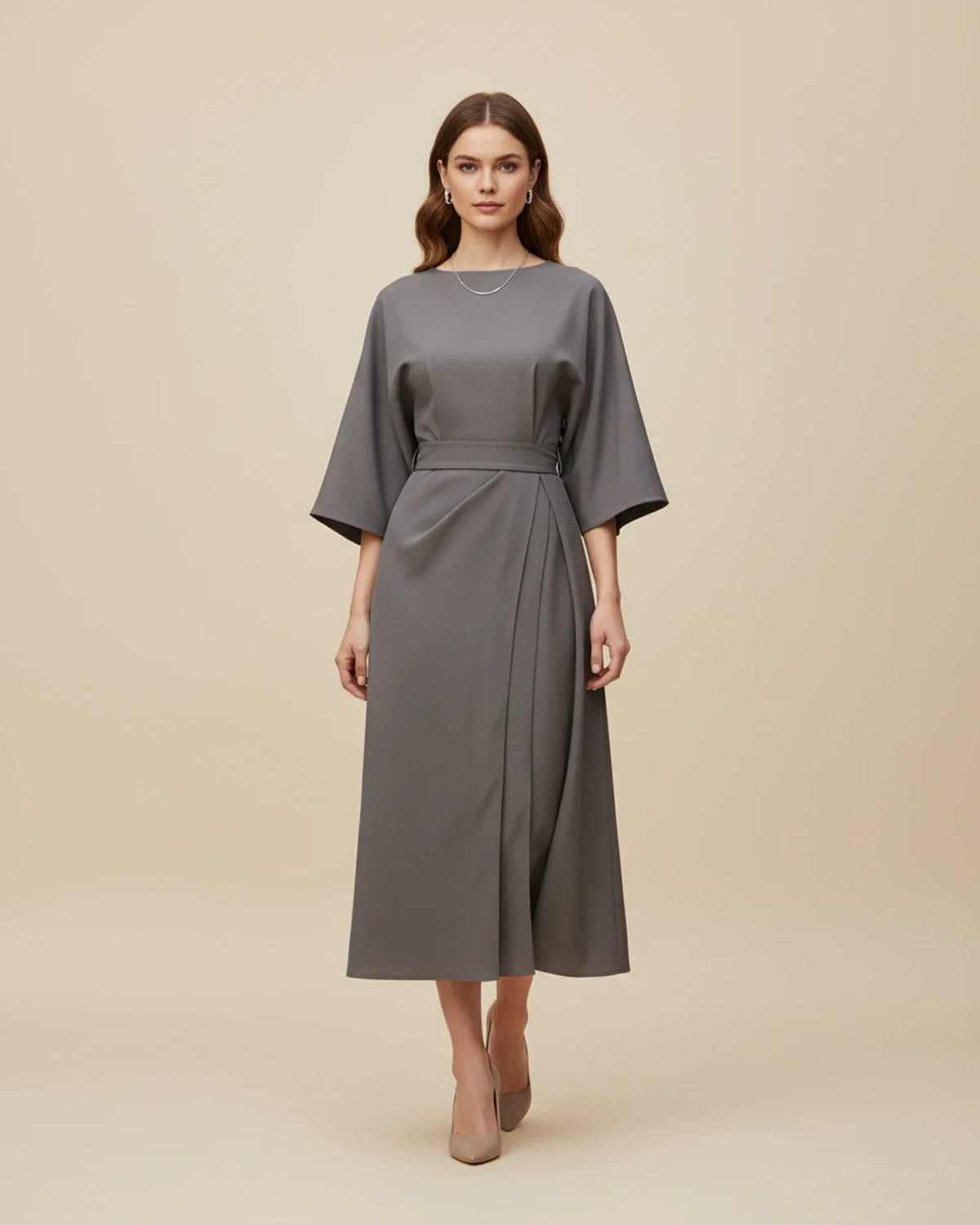 Halvaine | Women's Midi Dress Kimono Sleeve Belted Wrap - Black - Image 15