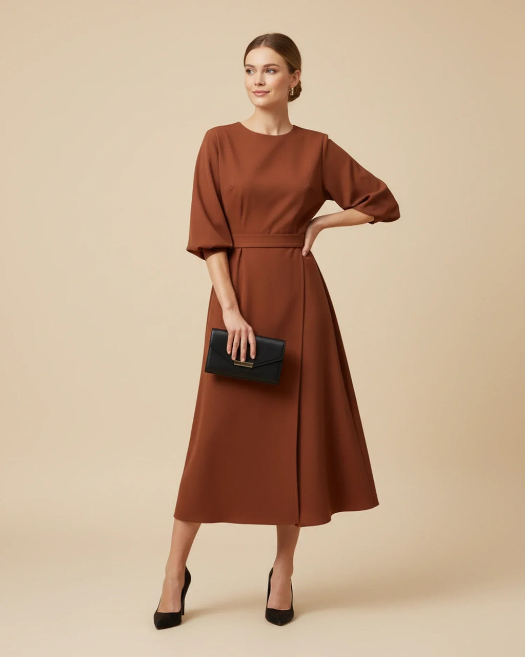 Halvaine | Women's Midi Dress Kimono Sleeve Belted Wrap - Black - Image 18
