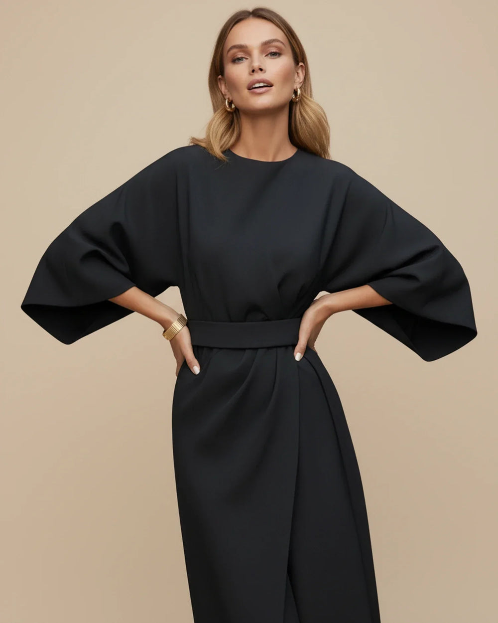 Halvaine | Women's Midi Dress Kimono Sleeve Belted Wrap - Black - Image 2