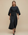 Halvaine | Women's Midi Dress Kimono Sleeve Belted Wrap - Black - Image 3