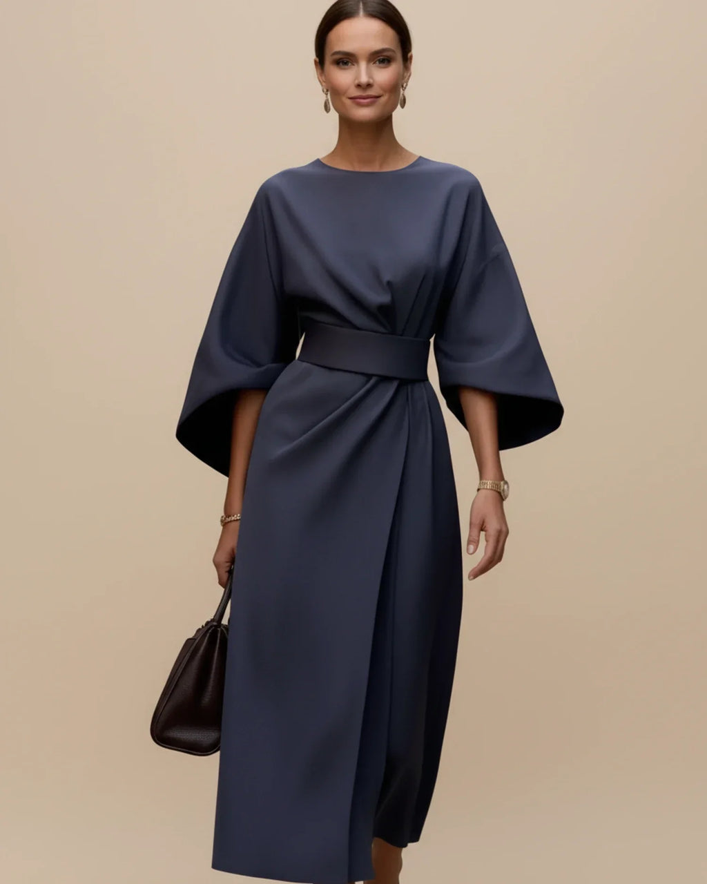 Halvaine | Women's Midi Dress Kimono Sleeve Belted Wrap - Black - Image 7