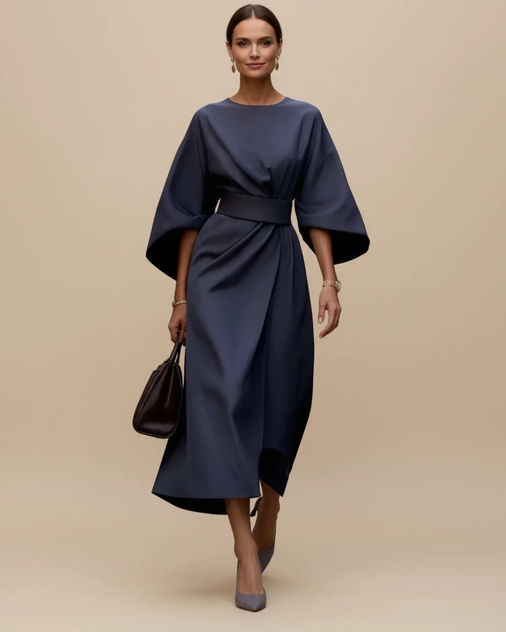 Halvaine | Women's Midi Dress Kimono Sleeve Belted Wrap - Black - Image 9