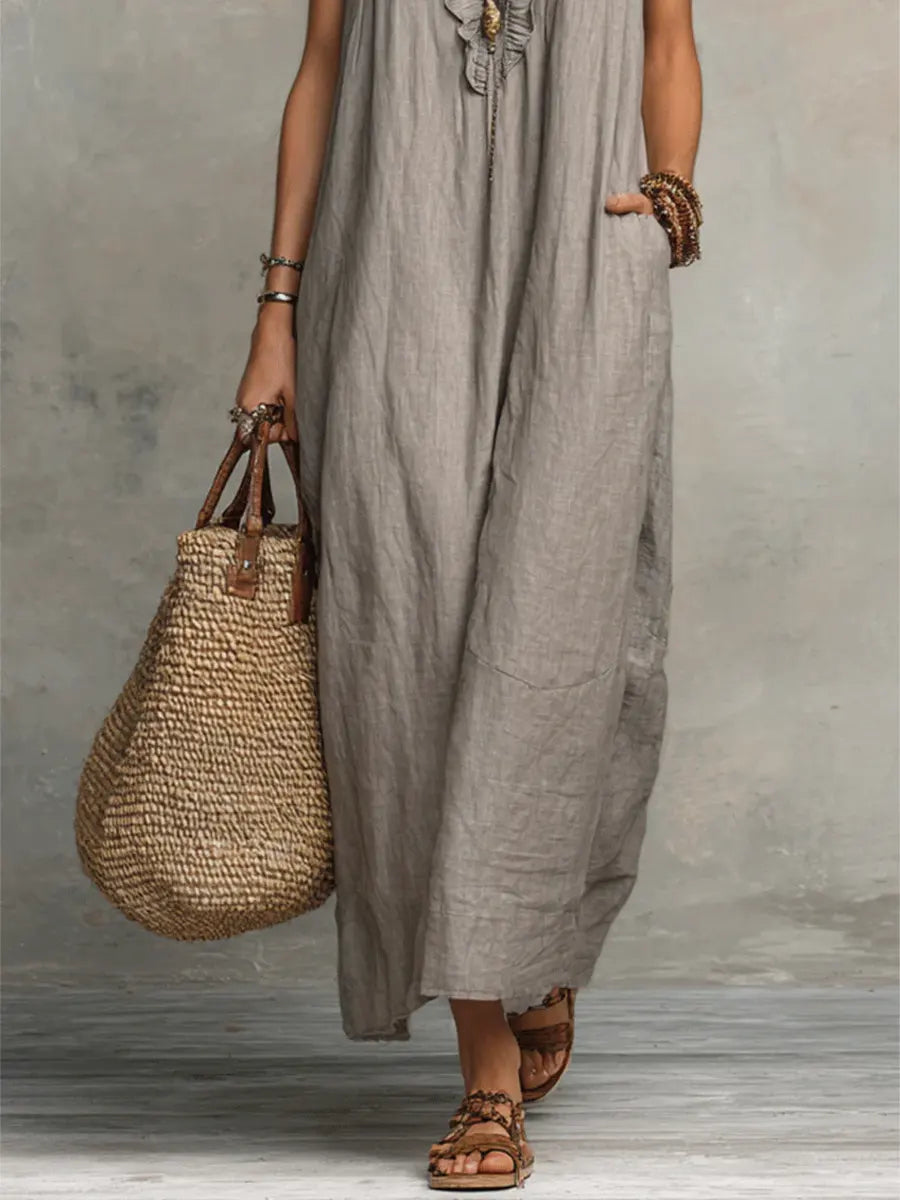 Halvene | Women's Boho Maxi Dress Ruffle Neckline - Taupe - Image 1