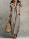 Halvene | Women's Boho Maxi Dress Ruffle Neckline - Taupe - Image 10