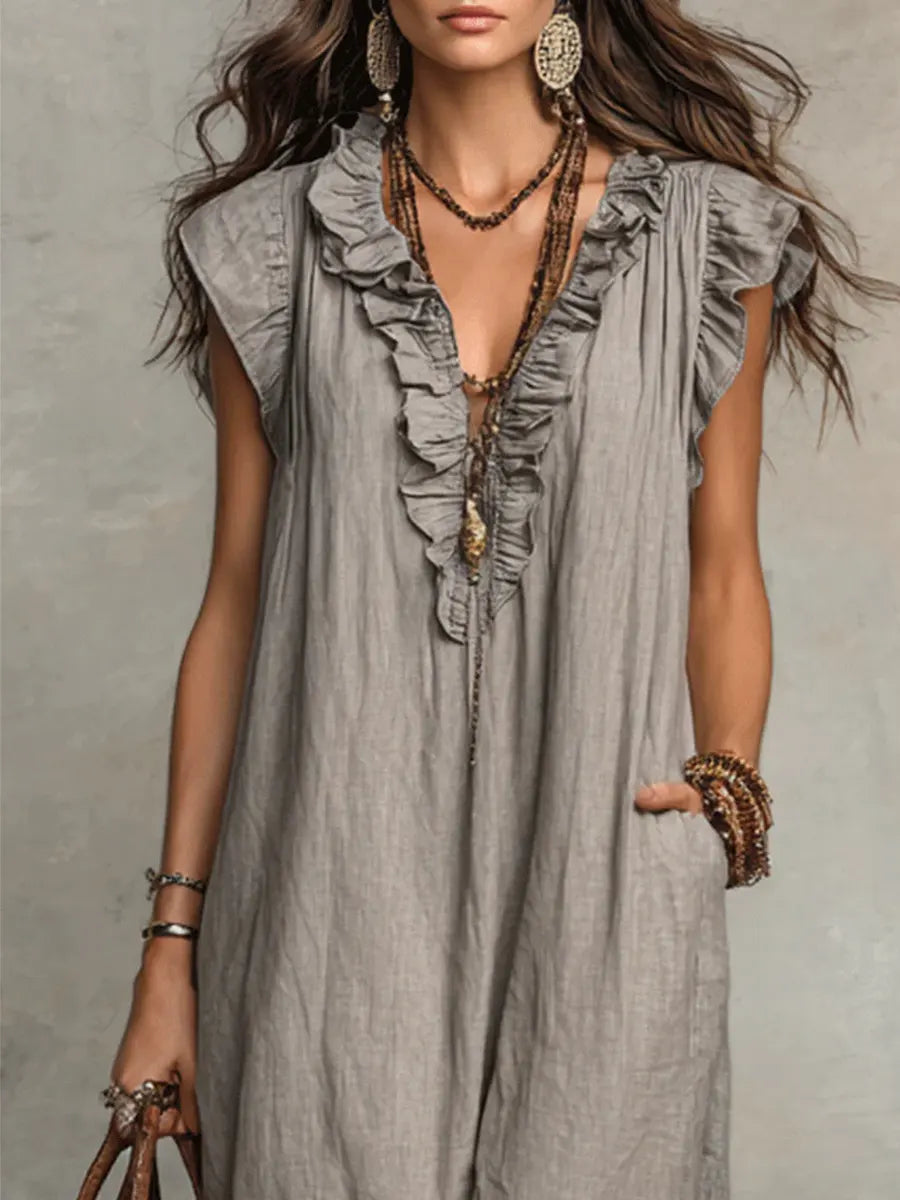 Halvene | Women's Boho Maxi Dress Ruffle Neckline - Taupe - Image 2
