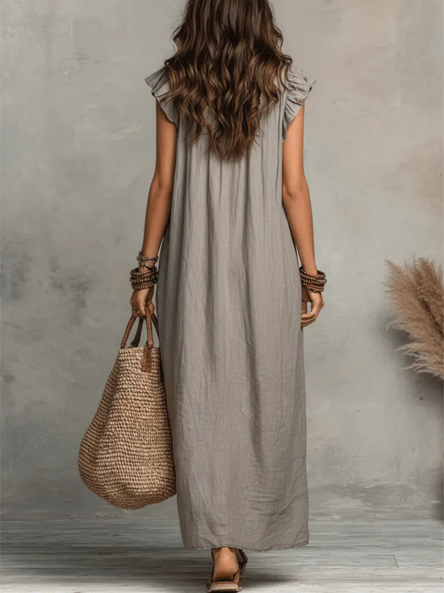 Halvene | Women's Boho Maxi Dress Ruffle Neckline - Taupe - Image 3