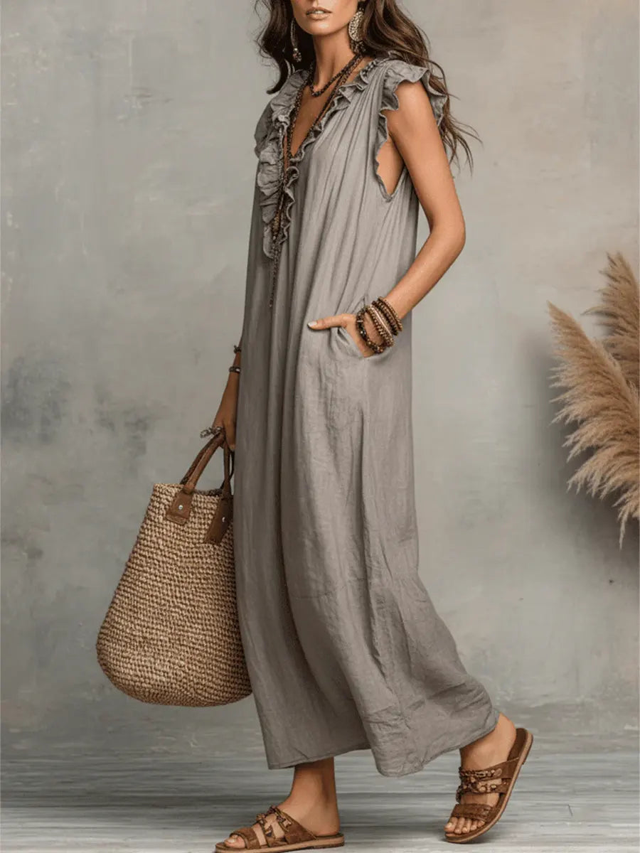 Halvene | Women's Boho Maxi Dress Ruffle Neckline - Taupe - Image 4