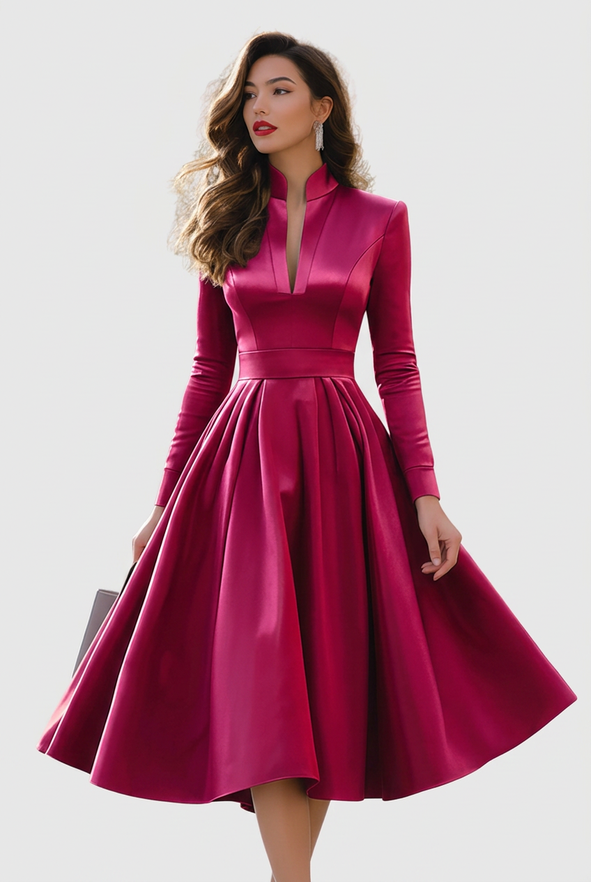 Halvene | Women's Midi Dress Long Sleeve V-Neck - Burgundy - Image 1