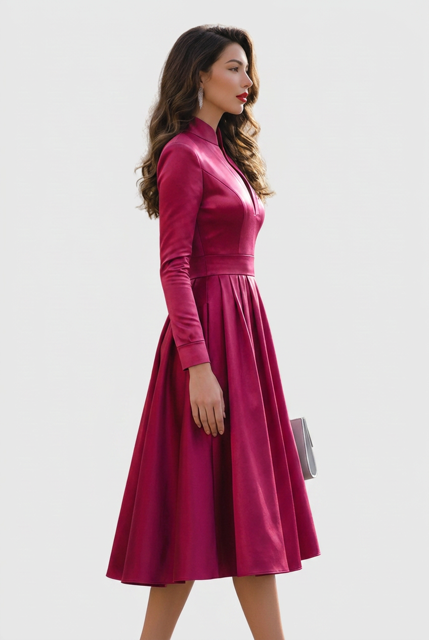 Halvene | Women's Midi Dress Long Sleeve V-Neck - Burgundy - Image 2