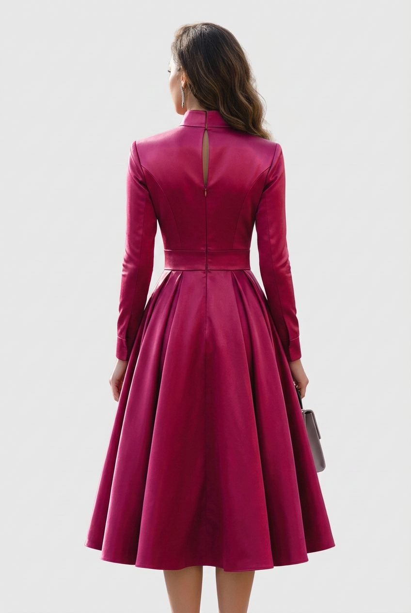 Halvene | Women's Midi Dress Long Sleeve V-Neck - Burgundy - Image 3