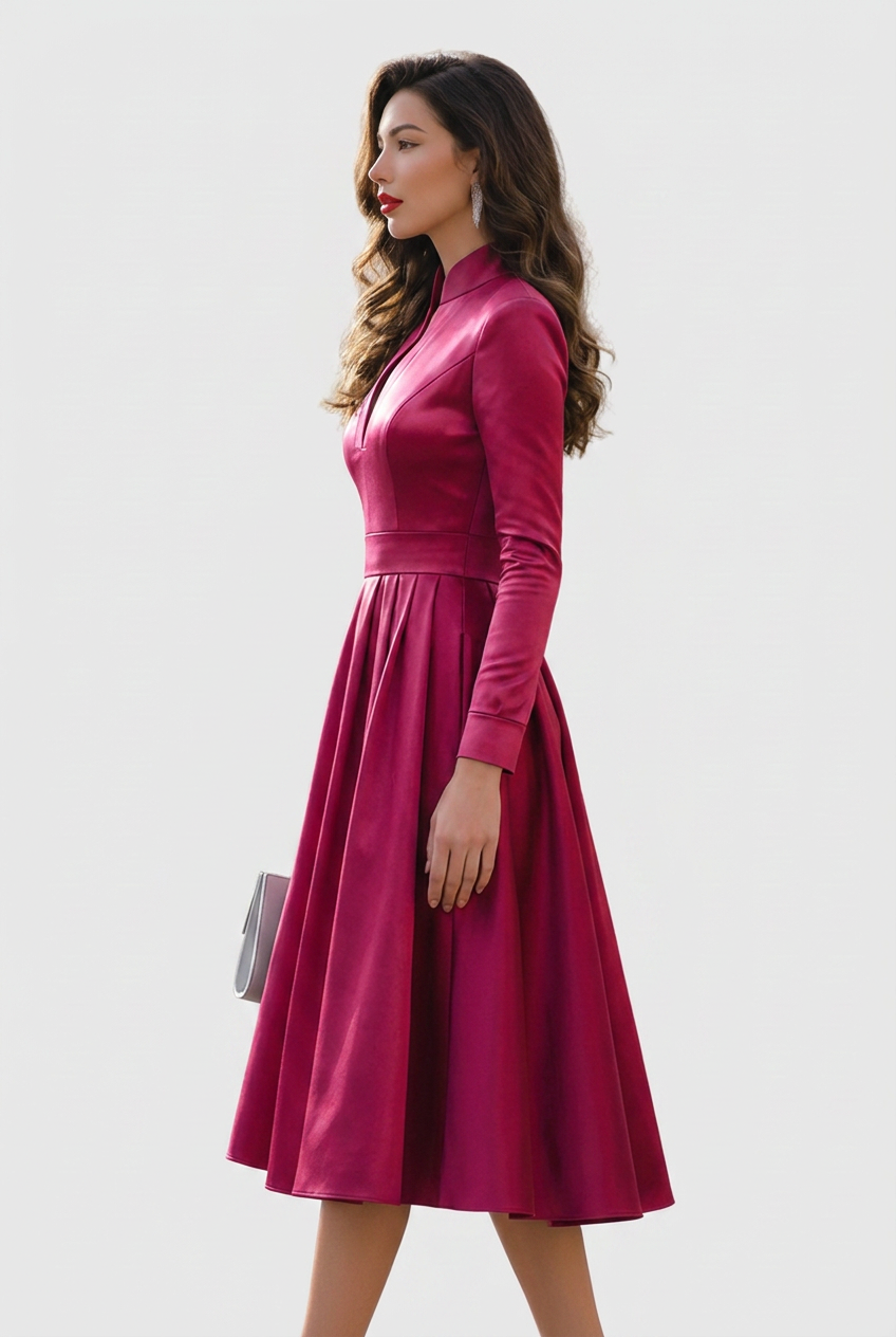 Halvene | Women's Midi Dress Long Sleeve V-Neck - Burgundy - Image 4