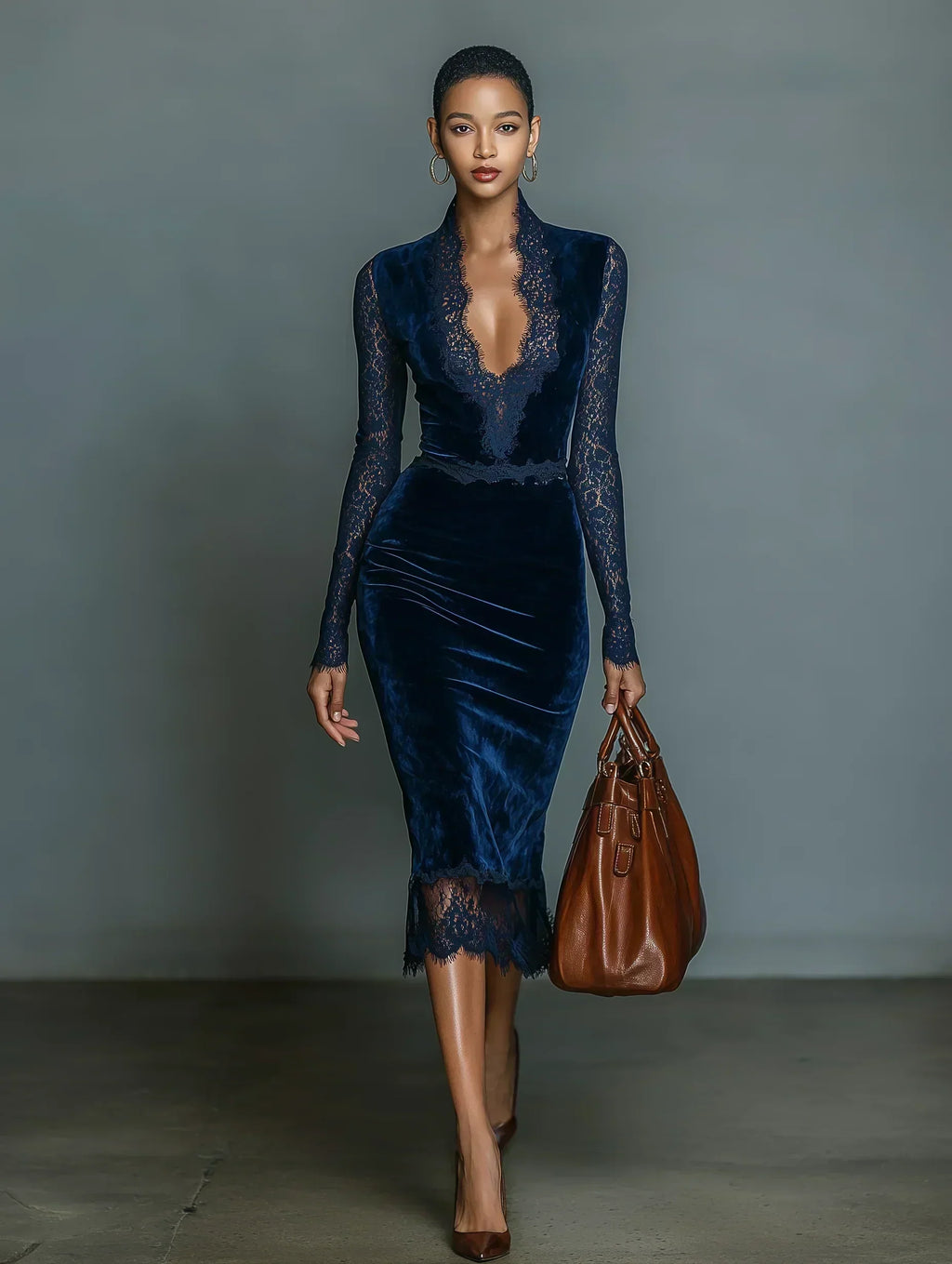 Halvene | Women's Velvet Lace Midi Dress - Dark Blue - Image 3