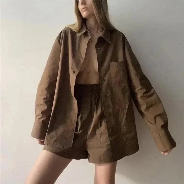 Halverne | Women's Linen Co-ord Shirt & Shorts Set - Brown - Image 9