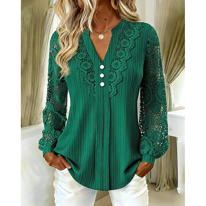 Halvienne | Women's Boho Lace Sleeve V-Neck Blouse - Cream - Image 2