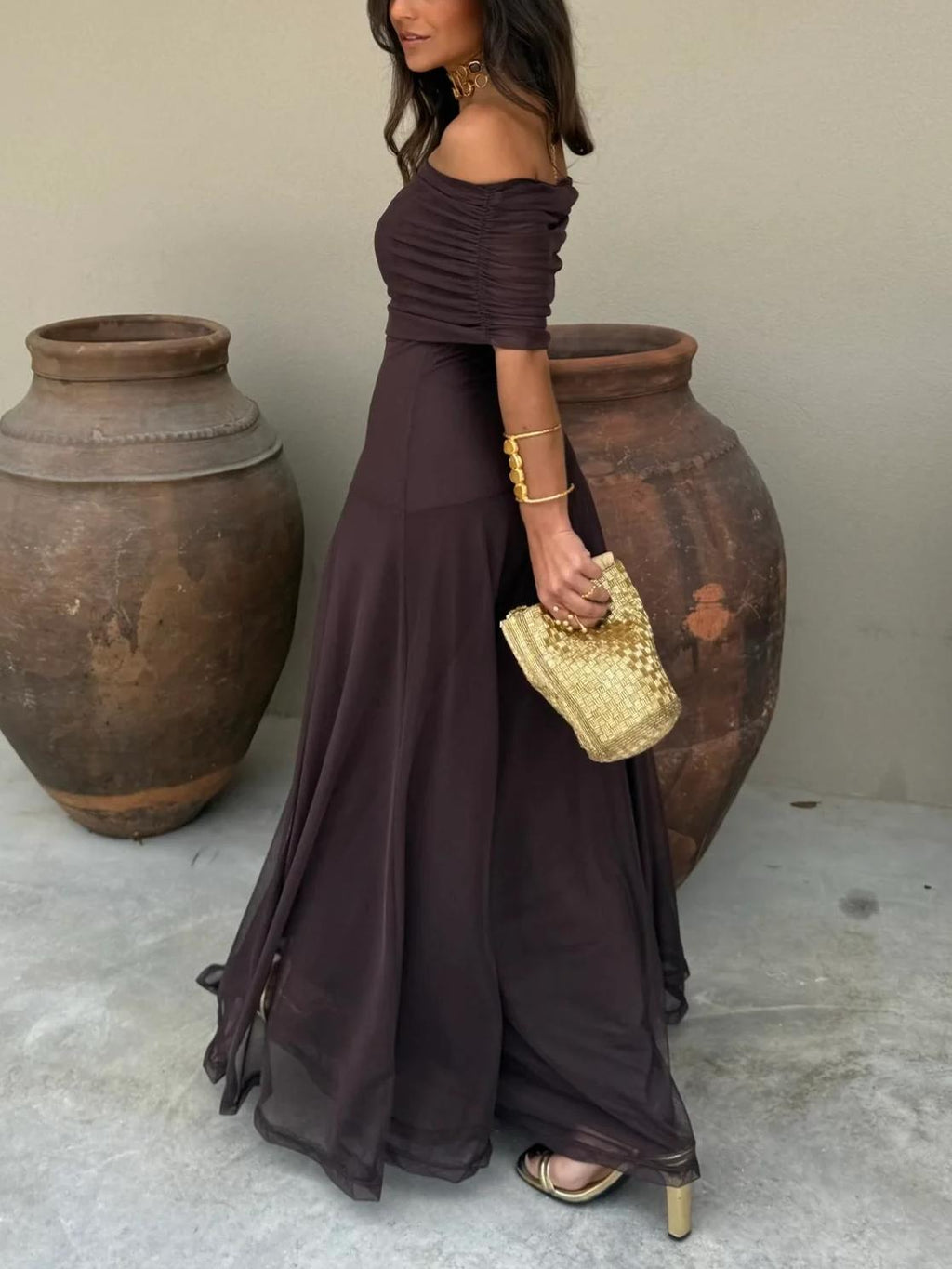 Halvindra | Women's Evening Gown Off-Shoulder Maxi Dress - Dark Brown - Image 2