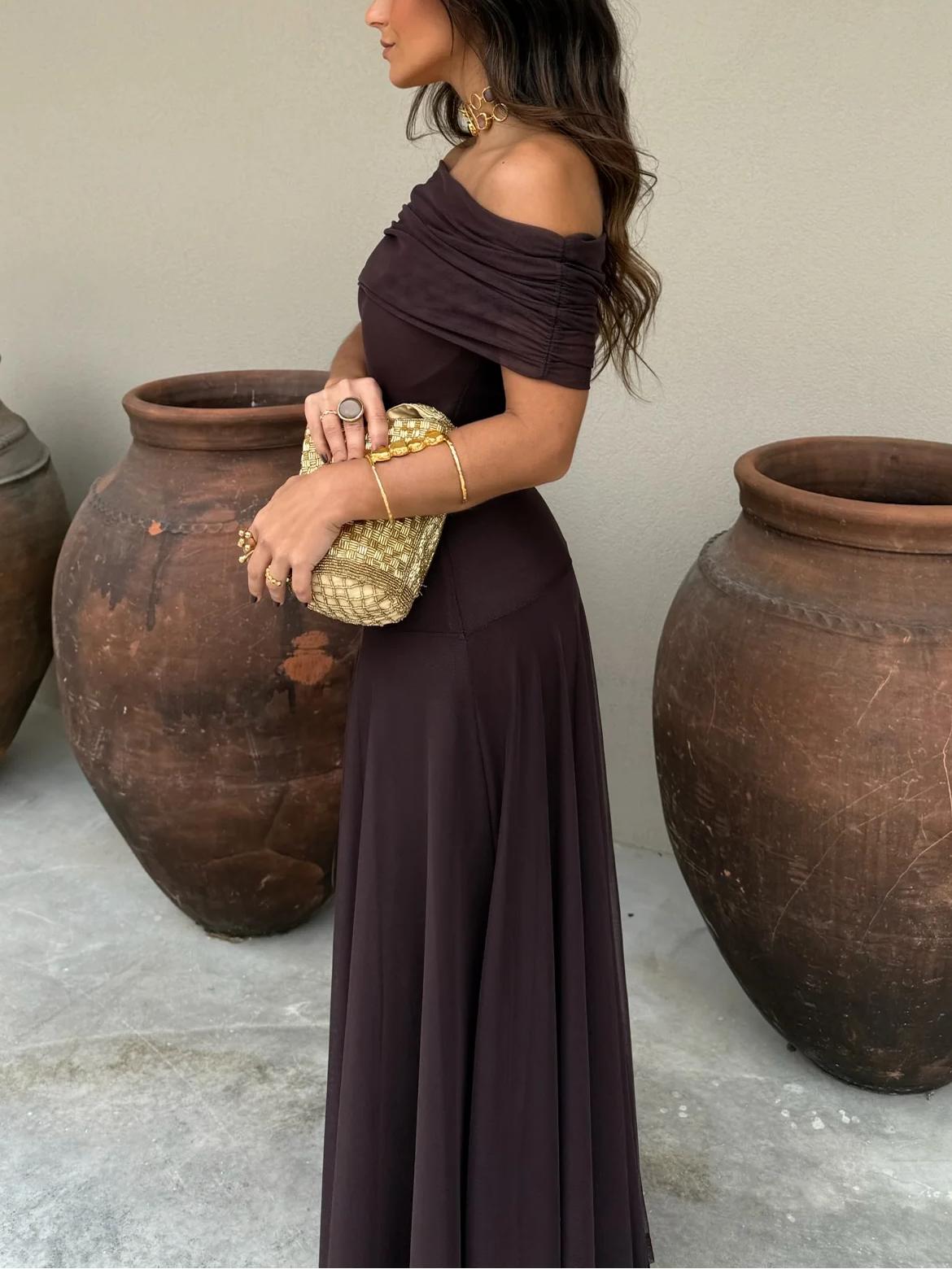 Halvindra | Women's Evening Gown Off-Shoulder Maxi Dress - Dark Brown - Image 4