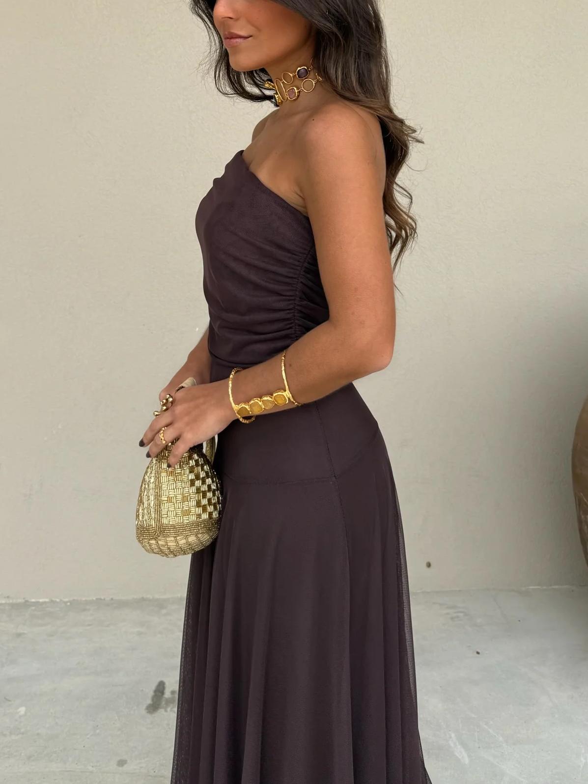 Halvindra | Women's Evening Gown Off-Shoulder Maxi Dress - Dark Brown - Image 6
