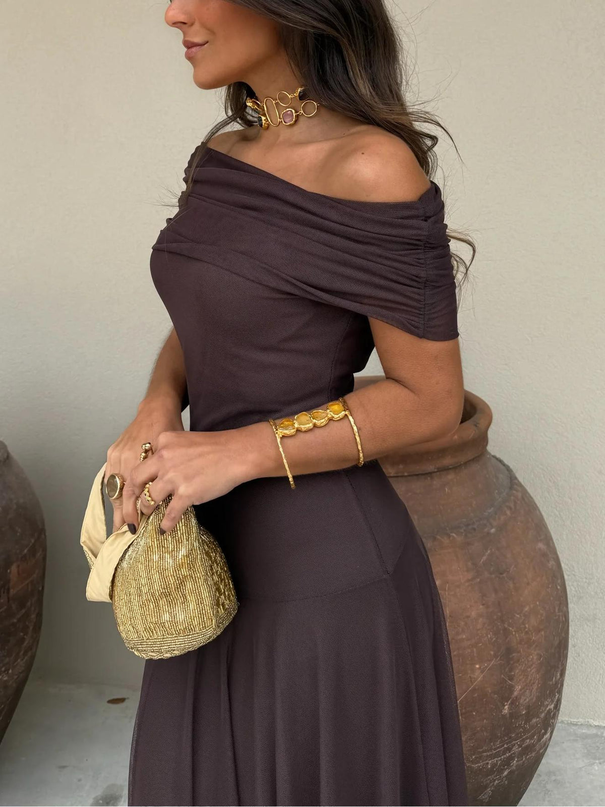 Halvindra | Women's Evening Gown Off-Shoulder Maxi Dress - Dark Brown - Image 7