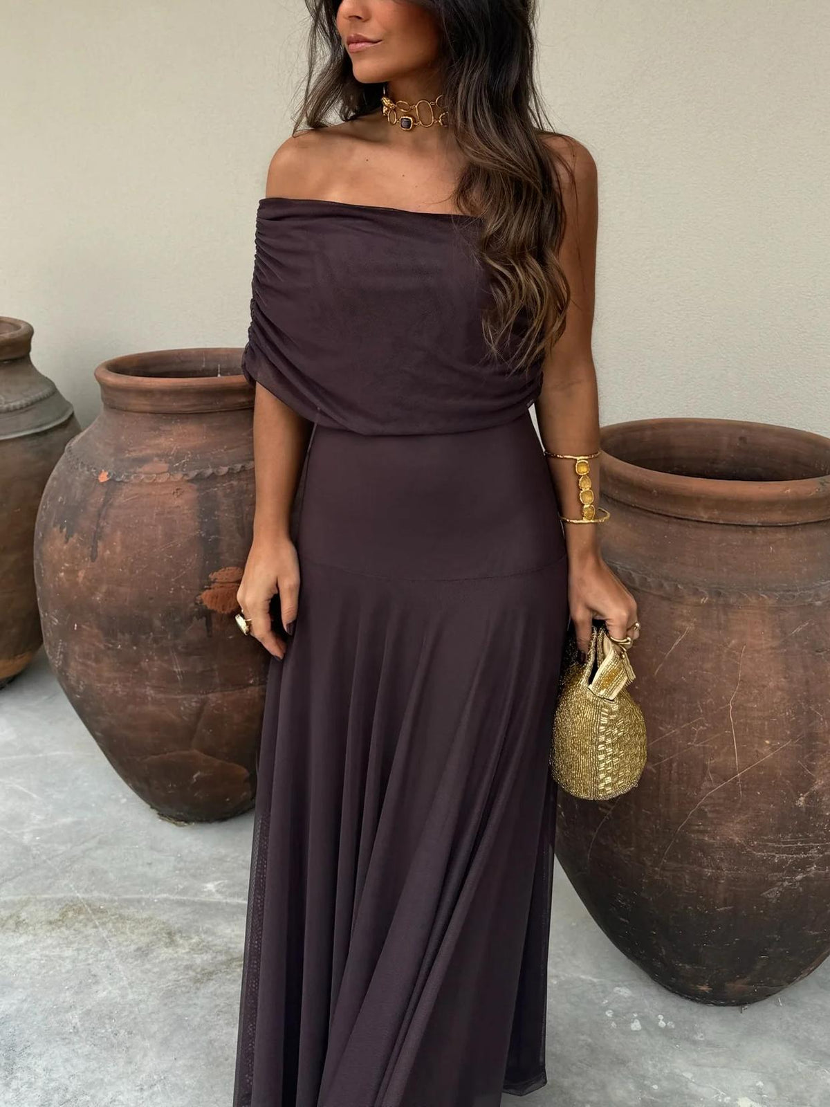 Halvindra | Women's Evening Gown Off-Shoulder Maxi Dress - Dark Brown - Image 8
