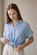 Halvindra | Women's Linen Top Short Sleeve Tie Front - Light Blue - Image 1