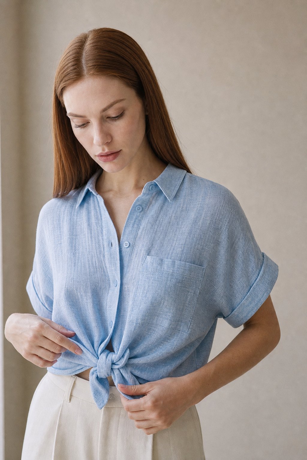 Halvindra | Women's Linen Top Short Sleeve Tie Front - Light Blue - Image 1