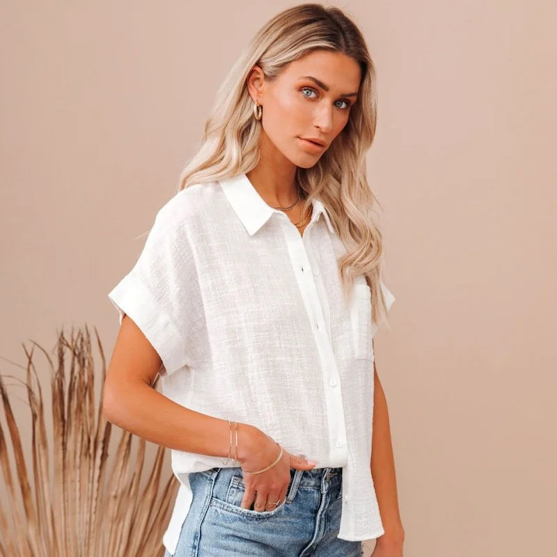 Halvindra | Women's Linen Top Short Sleeve Tie Front - Light Blue - Image 13
