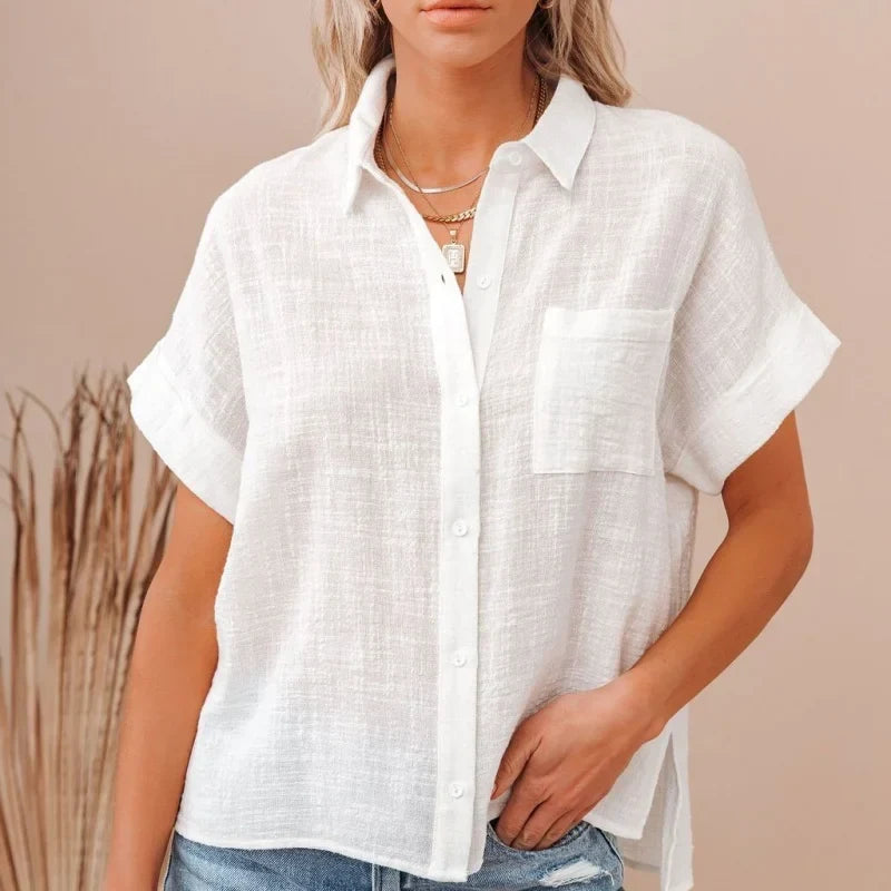 Halvindra | Women's Linen Top Short Sleeve Tie Front - Light Blue - Image 15