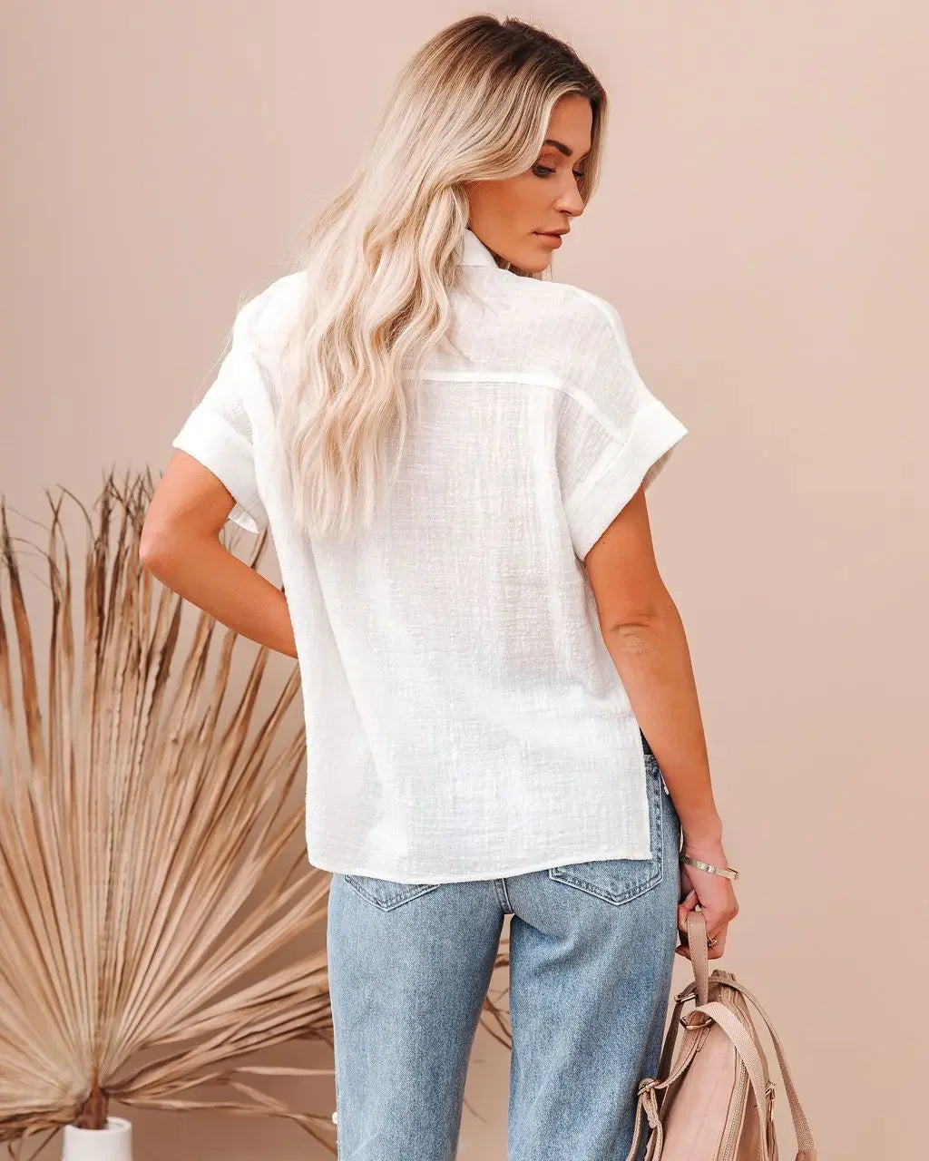 Halvindra | Women's Linen Top Short Sleeve Tie Front - Light Blue - Image 17