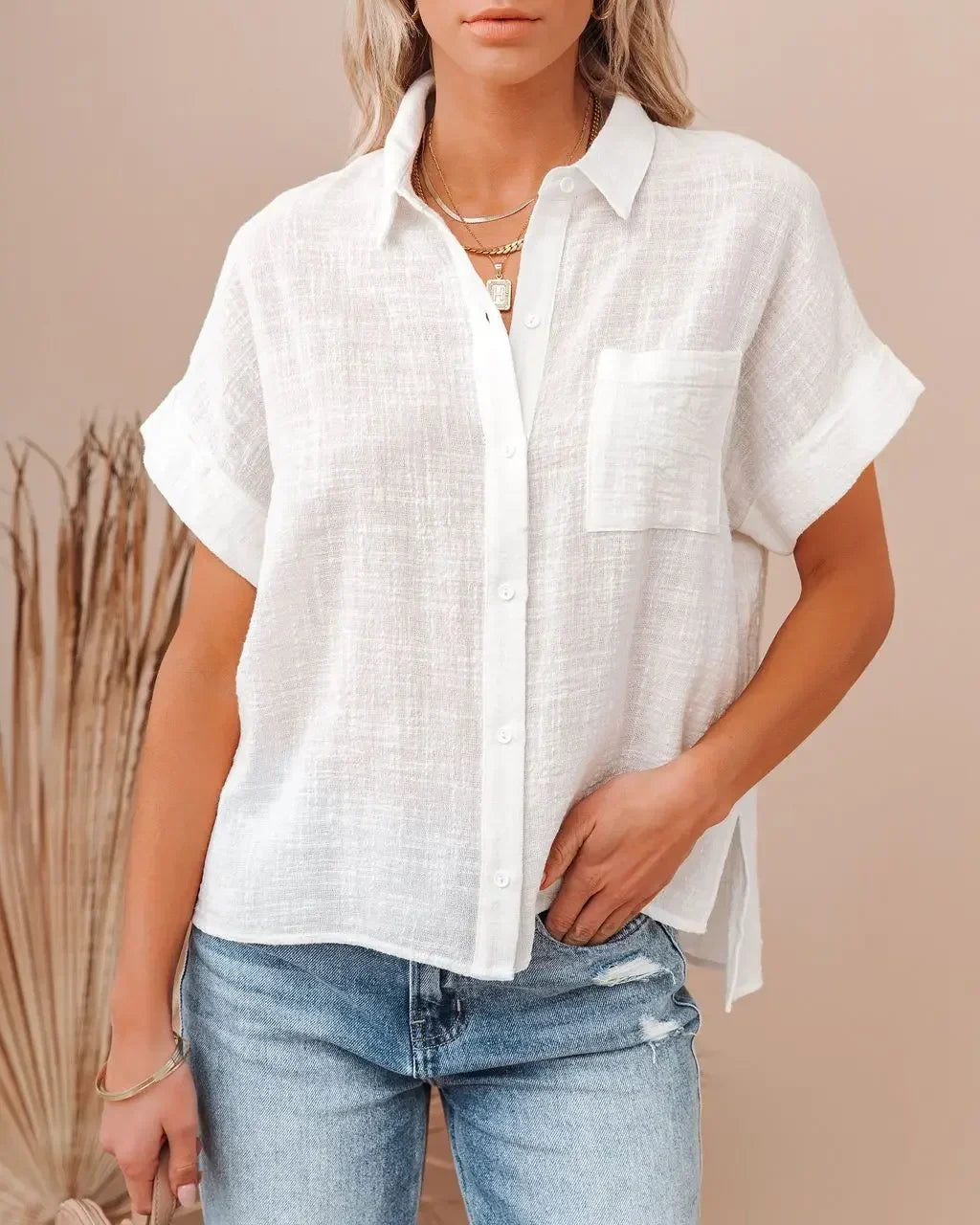 Halvindra | Women's Linen Top Short Sleeve Tie Front - Light Blue - Image 18
