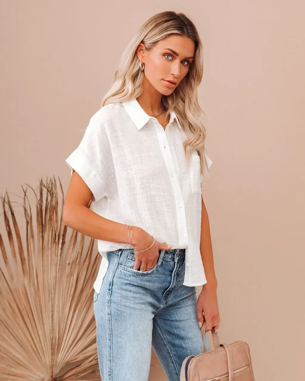 Halvindra | Women's Linen Top Short Sleeve Tie Front - Light Blue - Image 20
