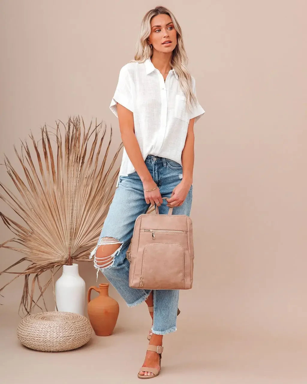 Halvindra | Women's Linen Top Short Sleeve Tie Front - Light Blue - Image 21