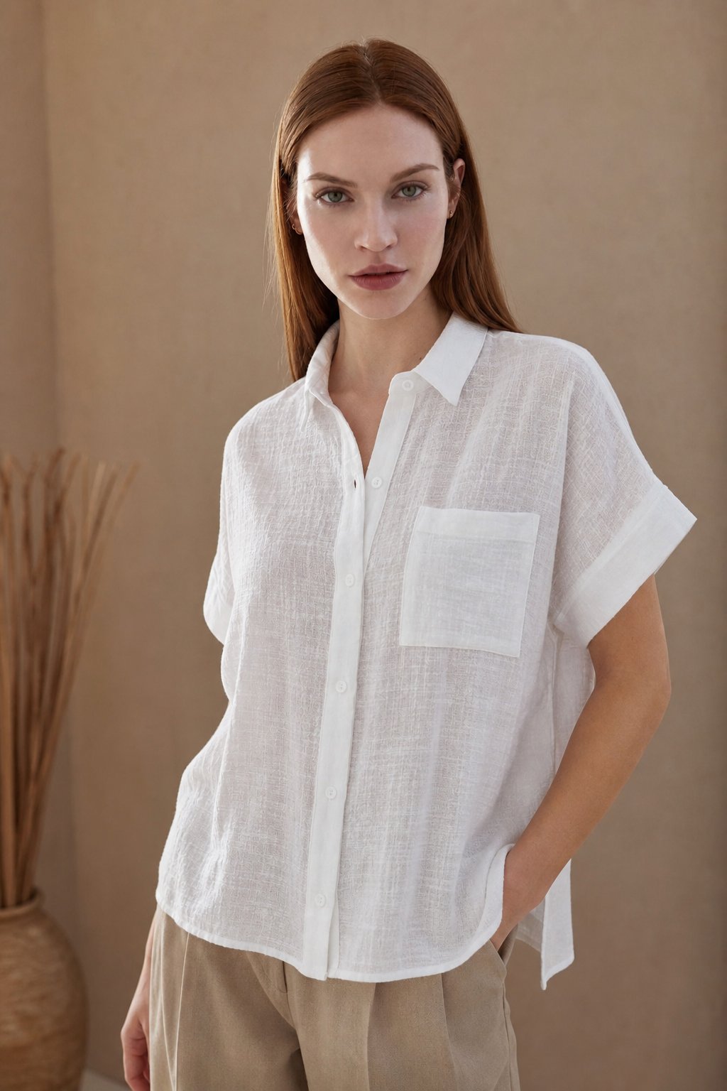 Halvindra | Women's Linen Top Short Sleeve Tie Front - Light Blue - Image 3