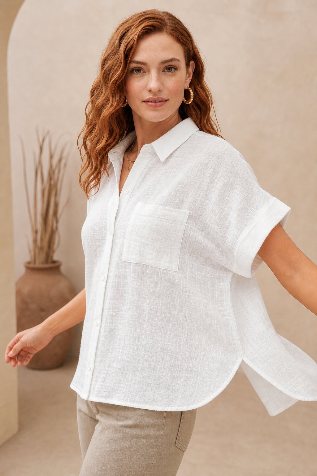 Halvindra | Women's Linen Top Short Sleeve Tie Front - Light Blue - Image 4
