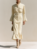 Halvine | Women's Midi Dress Long Sleeve Ruffle - Cream - Image 1