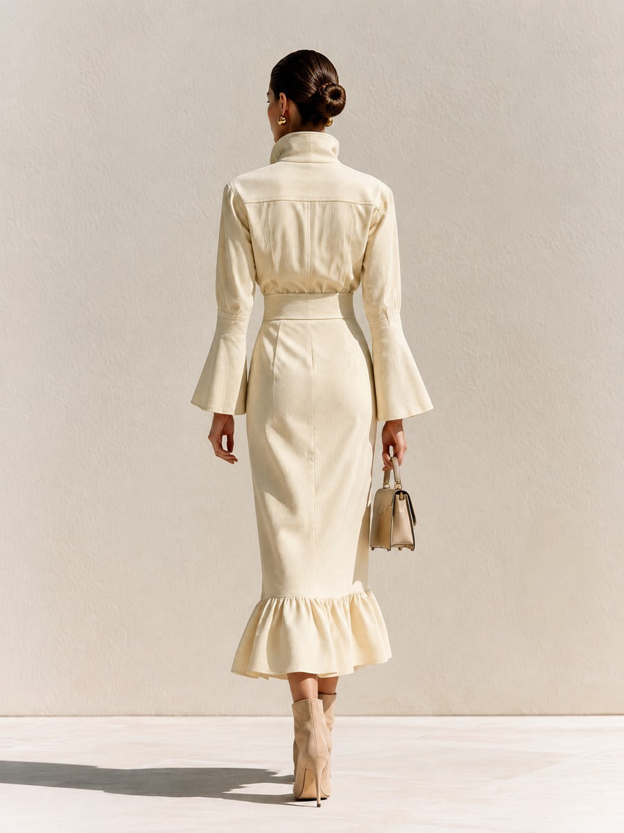 Halvine | Women's Midi Dress Long Sleeve Ruffle - Cream - Image 2
