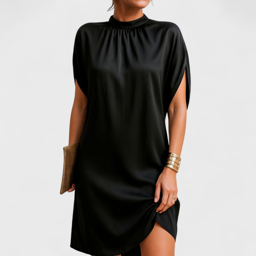 Halvine | Women's Mini Dress Mock Neck Split Sleeve - Black - Image 1