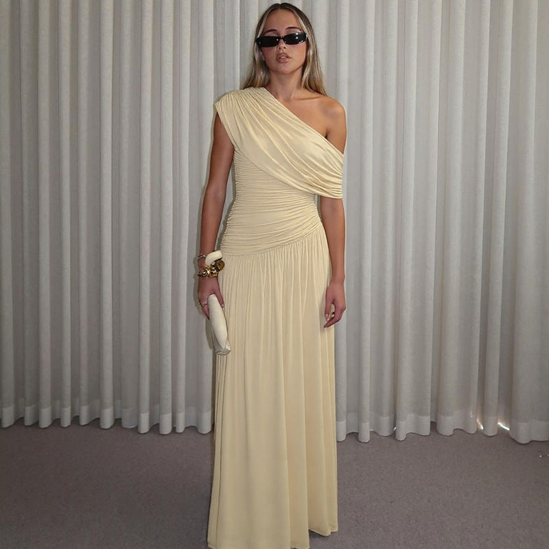 Halvine | Women's One-Shoulder Ruched Maxi Dress - Cream - Image 1