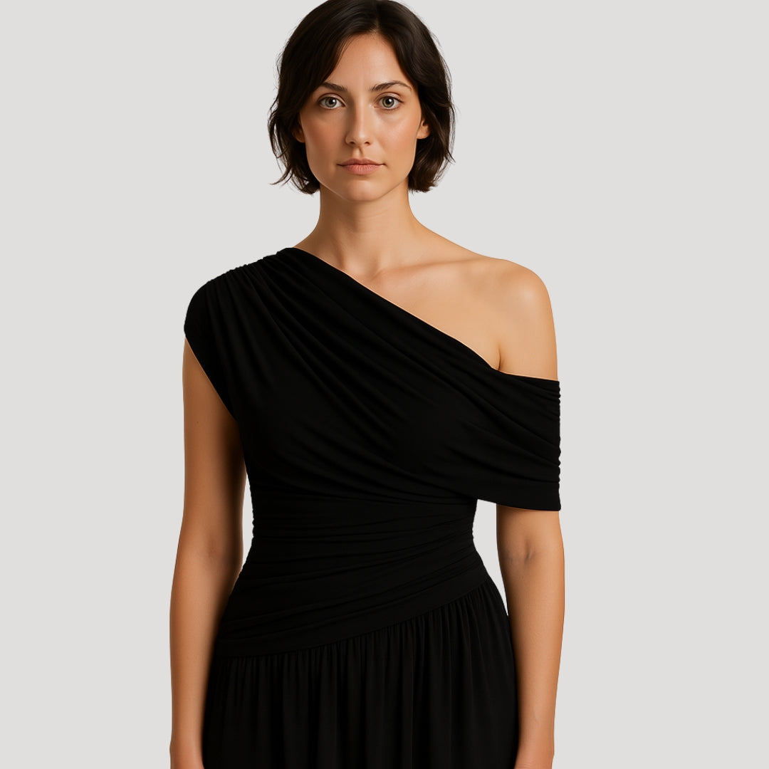 Halvine | Women's One-Shoulder Ruched Maxi Dress - Cream - Image 2