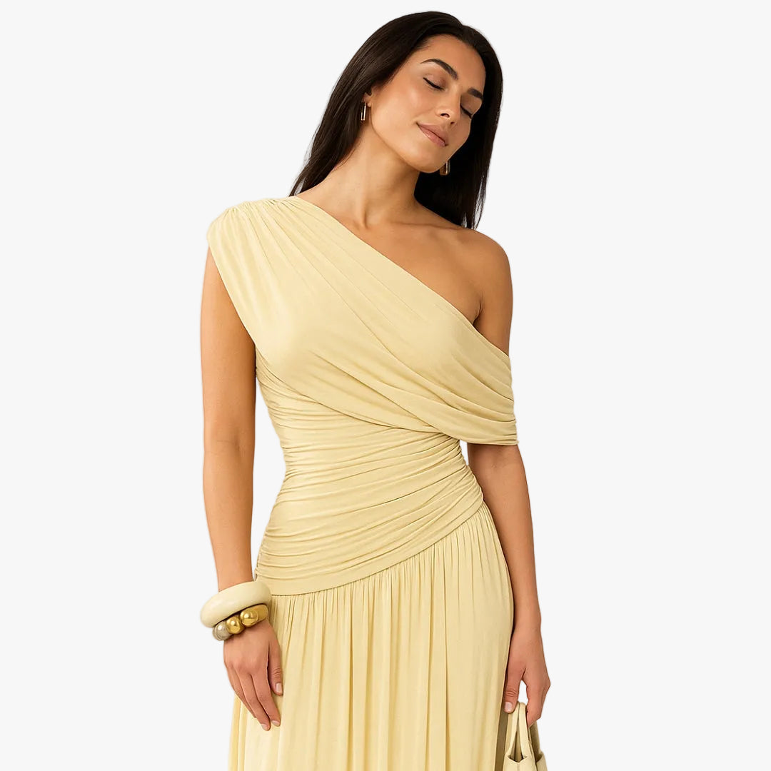 Halvine | Women's One-Shoulder Ruched Maxi Dress - Cream - Image 4
