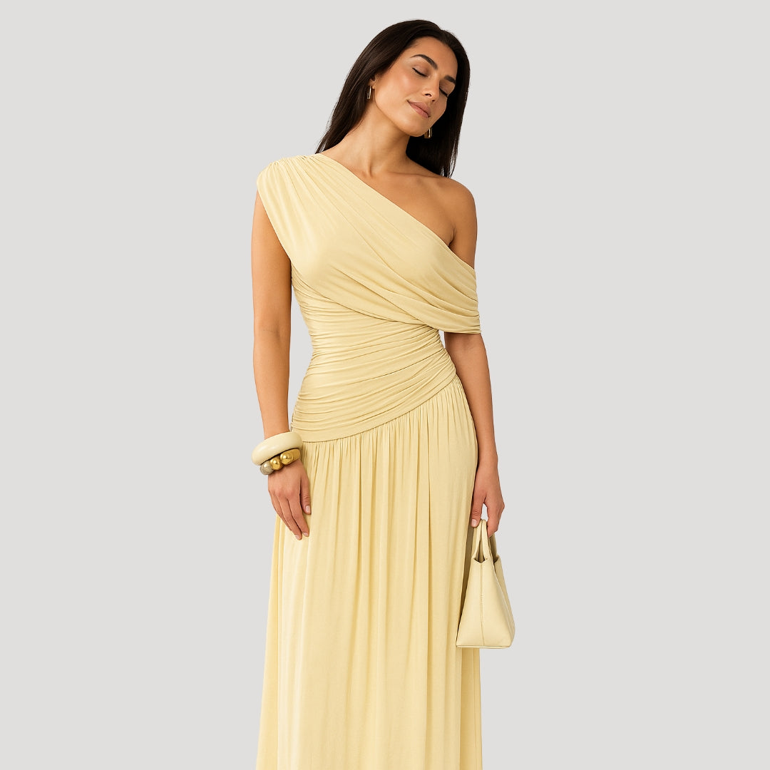 Halvine | Women's One-Shoulder Ruched Maxi Dress - Cream - Image 5