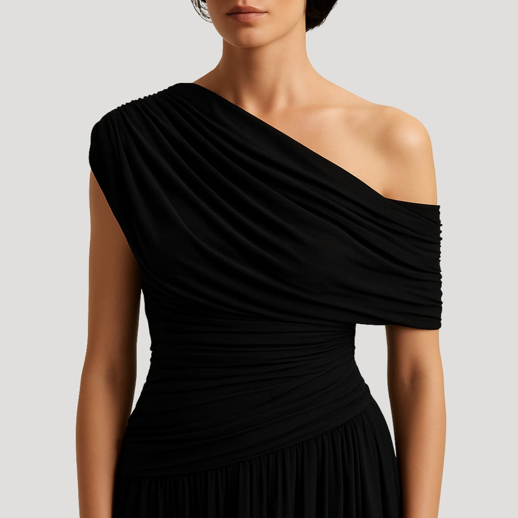 Halvine | Women's One-Shoulder Ruched Maxi Dress - Cream - Image 6